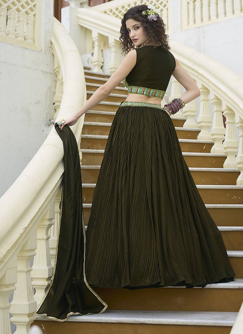 Designer Lehenga Choli Crush Silk in Olive Green