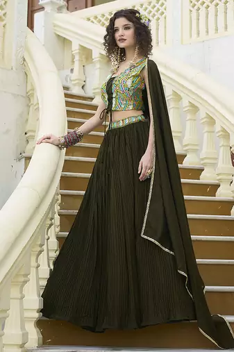 Crush silk blend Lehenga Choli in Olive Green