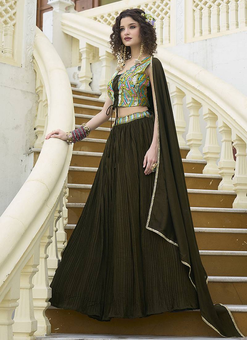 Designer Lehenga Choli Crush Silk in Olive Green