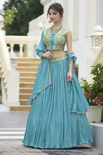 Crush silk blend Lehenga Choli in Sky Blue