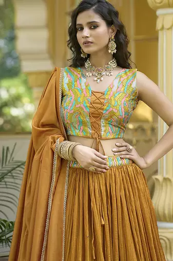 Crush silk blend Lehenga Choli in Mustard