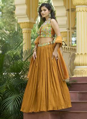 Crush silk blend Lehenga Choli in Mustard 4