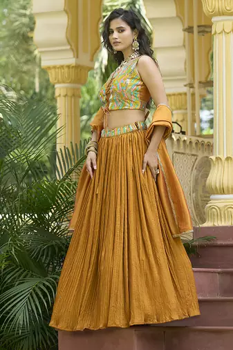 Crush silk blend Lehenga Choli in Mustard