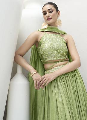 Light Green Silk Blend Crush Lehenga Choli 2