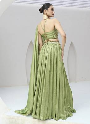 Light Green Silk Blend Crush Lehenga Choli 3