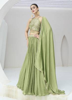 Light Green Silk Blend Crush Lehenga Choli 4