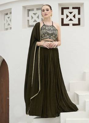 Olive Green silk blend Crush Lehenga Choli 1