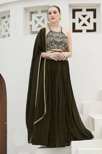 Olive Green Festive Look with Silk Crush Lehenga Choli