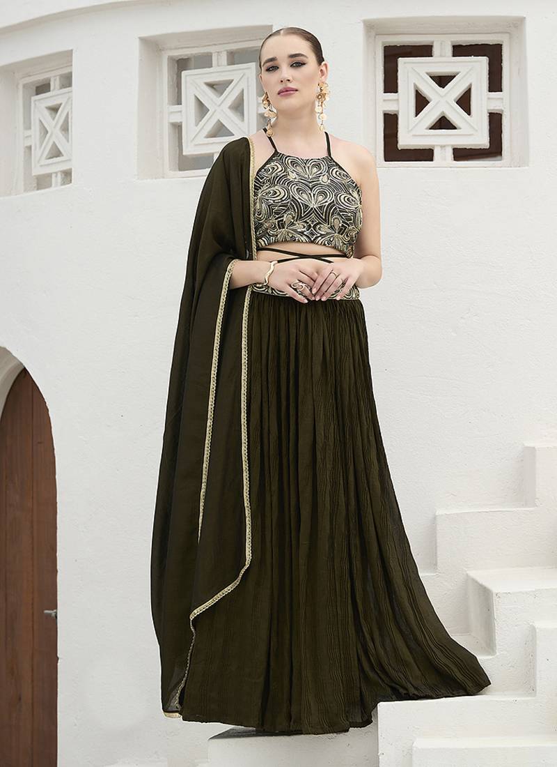 Olive Green Festive Look with Silk Crush Lehenga Choli