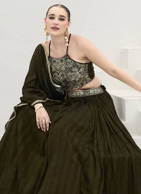Olive Green silk blend Crush Lehenga Choli 2