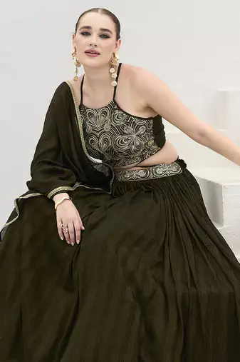 Olive Green silk blend Crush Lehenga Choli