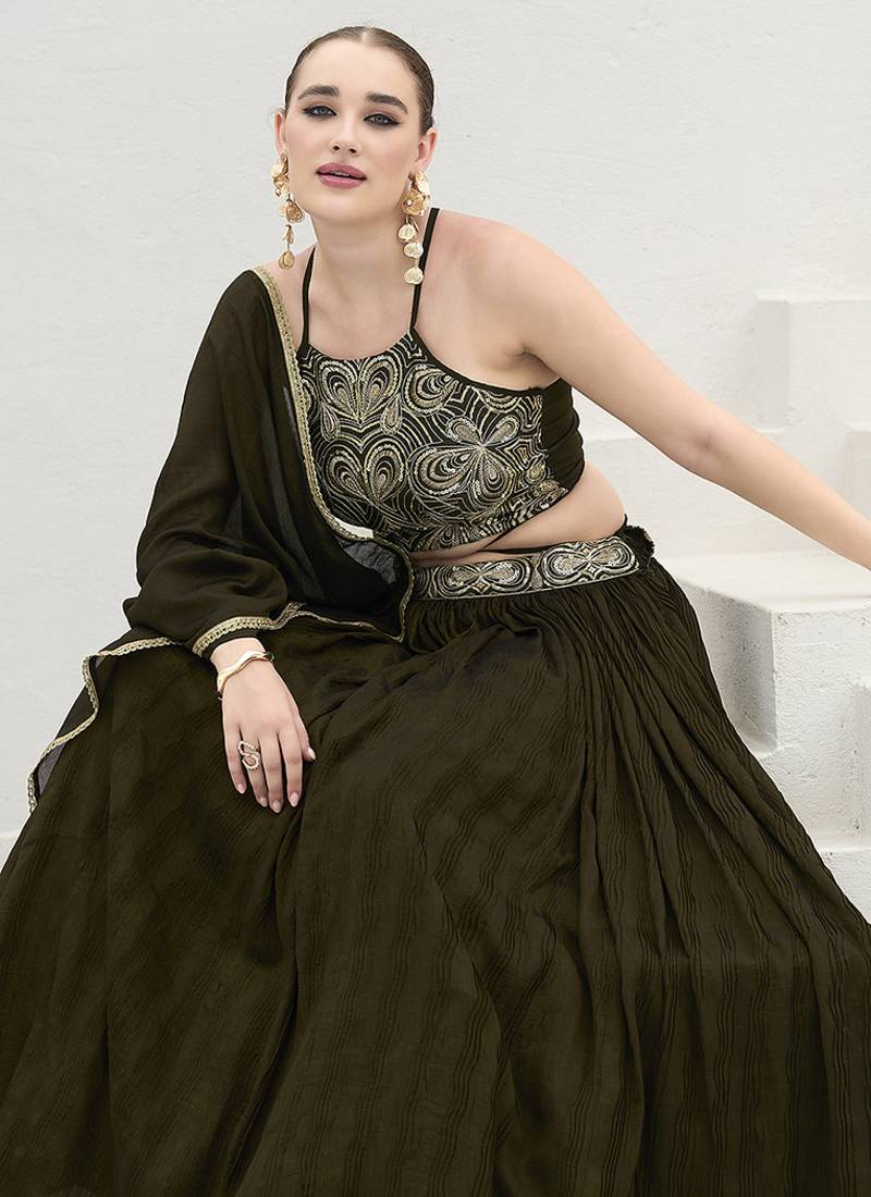 Olive Green Festive Look with Silk Crush Lehenga Choli