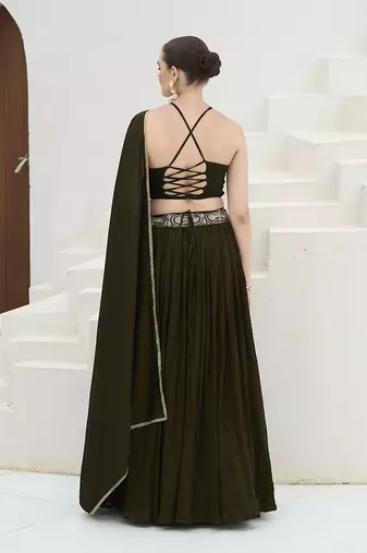 Olive Green silk blend Crush Lehenga Choli