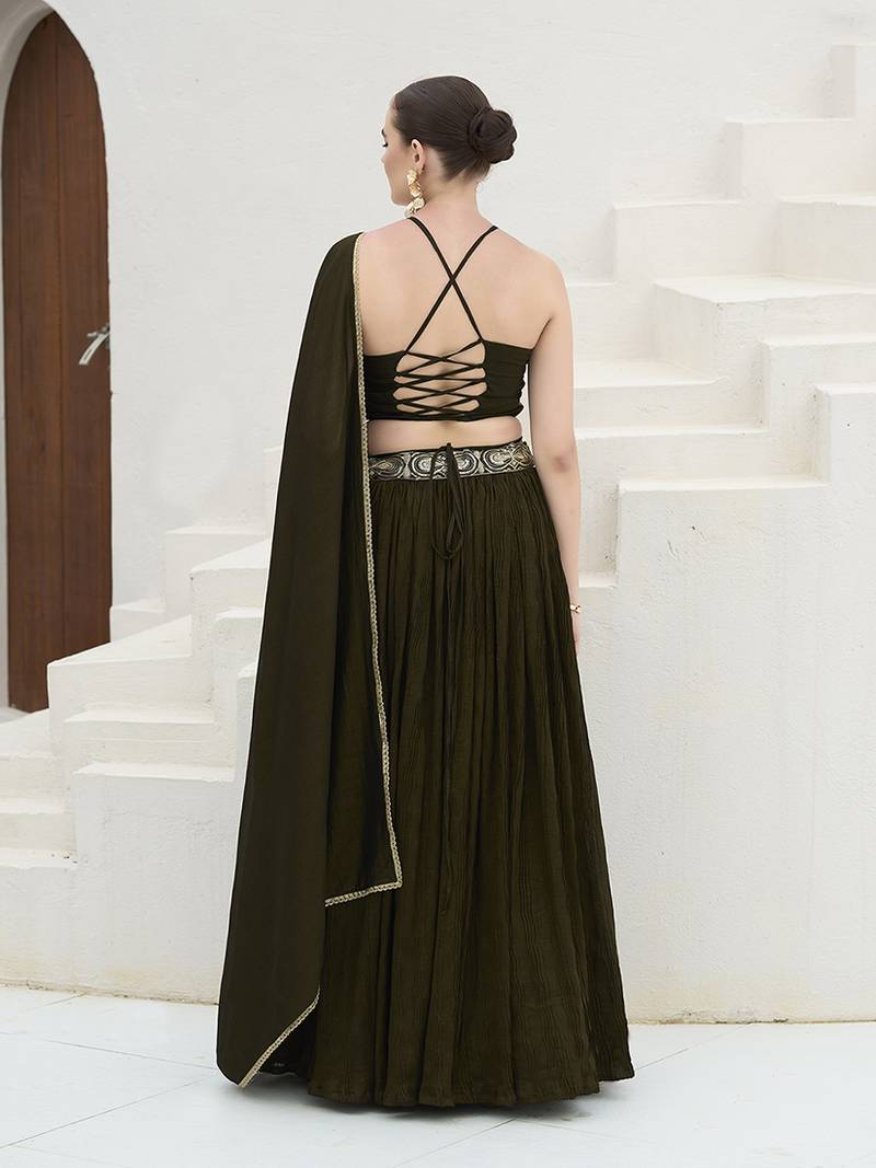 Olive Green Festive Look with Silk Crush Lehenga Choli