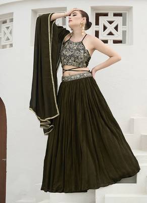 Olive Green silk blend Crush Lehenga Choli 4