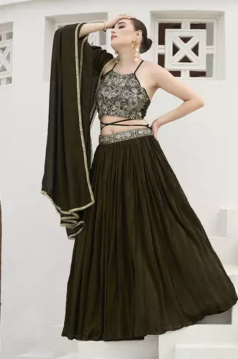 Olive Green silk blend Crush Lehenga Choli