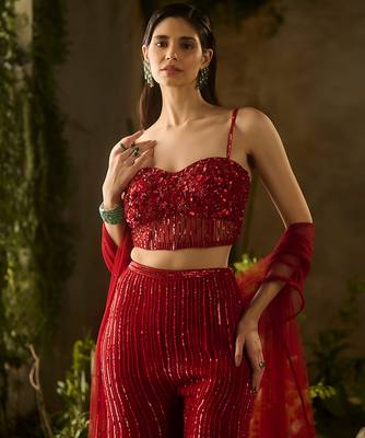 Red embroidered organza Co ord Set 1
