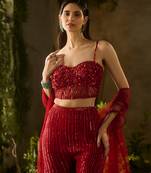 Red embroidered organza Co ord Set