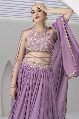 Lavender silk blend Crush Lehenga Choli