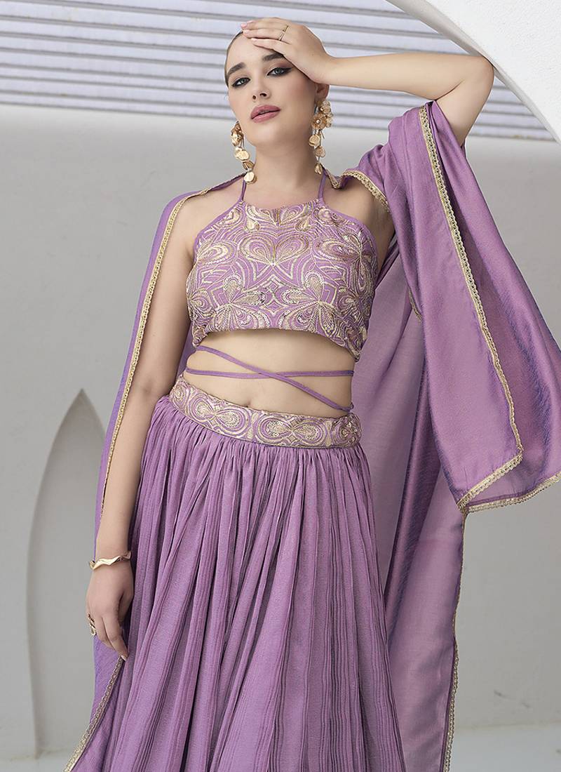 Lavender Festive Look with Silk Crush Lehenga Choli