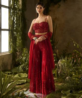 Red embroidered organza Co ord Set 2