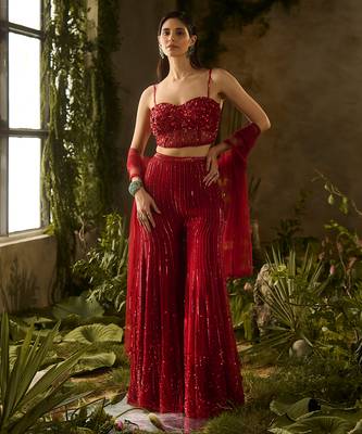 Red embroidered organza Co ord Set 3