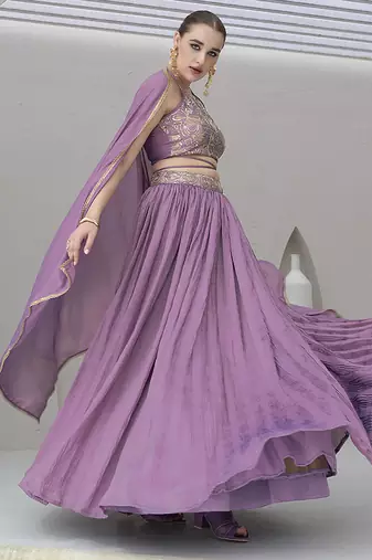 Lavender silk blend Crush Lehenga Choli