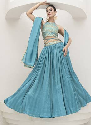 Sky blue silk blend Crush Lehenga Choli 1