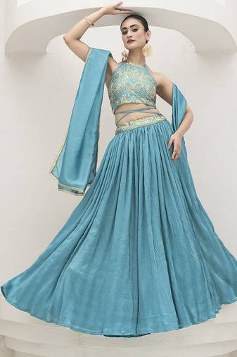 Sky blue Festive Look with Silk Crush Lehenga Choli