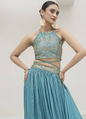 Sky blue silk blend Crush Lehenga Choli 2