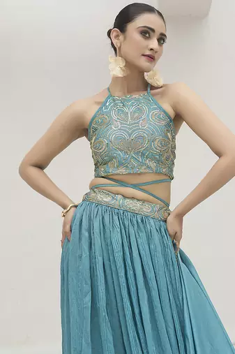 Sky blue silk blend Crush Lehenga Choli