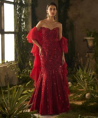 Red embroidered lycra gown 1