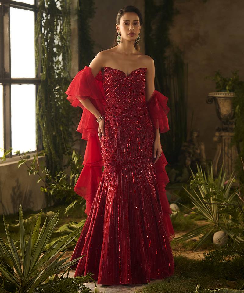 Red embroidered lycra gown