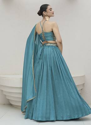 Sky blue silk blend Crush Lehenga Choli 3