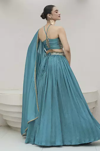 Sky blue silk blend Crush Lehenga Choli