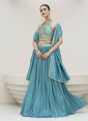 Sky blue silk blend Crush Lehenga Choli 4