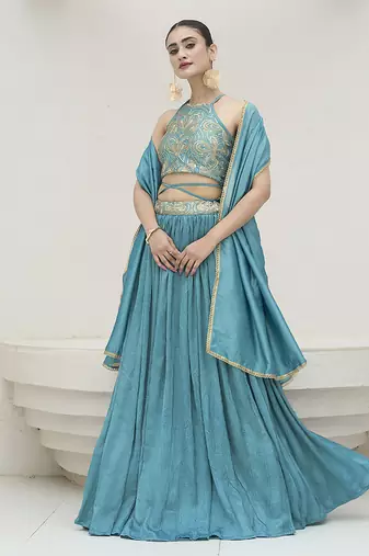 Sky blue silk blend Crush Lehenga Choli