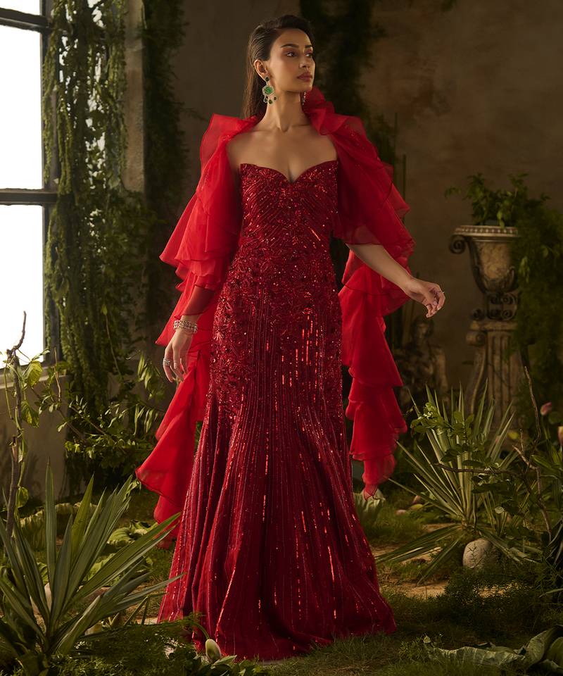 Red embroidered lycra gown