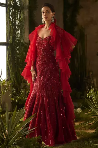 Red embroidered lycra gown