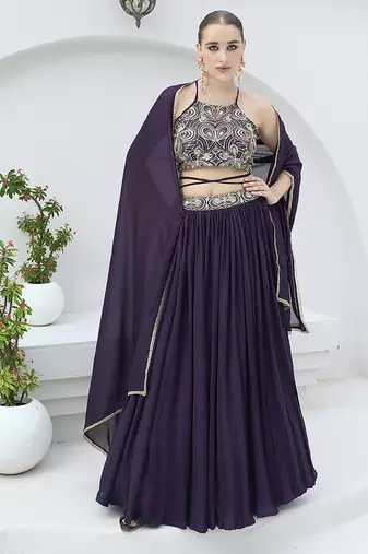 Wine Festive Look with Silk Crush Lehenga Choli