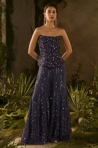 Blue embroidered organza co ord set