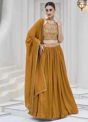 Mustard silk blend Crush Lehenga Choli 1