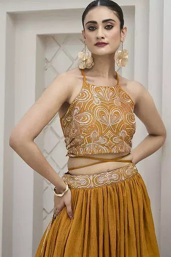 Mustard silk blend Crush Lehenga Choli