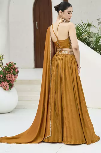 Mustard silk blend Crush Lehenga Choli