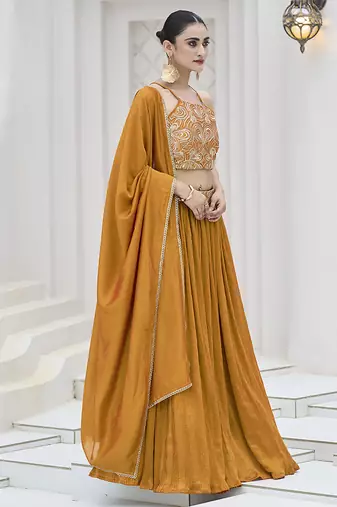 Mustard silk blend Crush Lehenga Choli