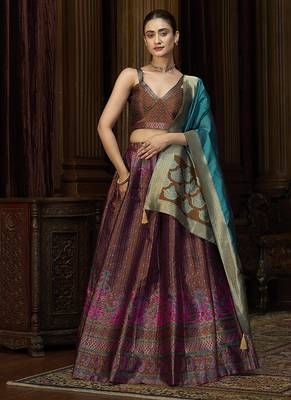 Brown Kanjiwaram Silk Jacquard Woven Trendy Lehenga Choli 1