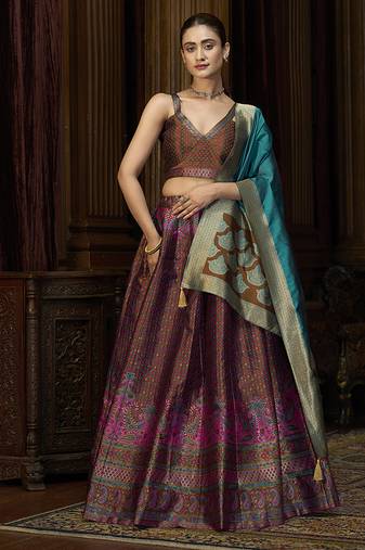 Brown Kanjiwaram Silk Jacquard Woven Trendy Lehenga Choli