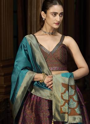 Brown Kanjiwaram Silk Jacquard Woven Trendy Lehenga Choli 2