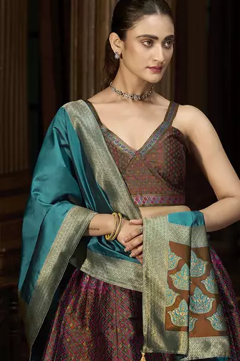 Brown Kanjiwaram Silk Jacquard Woven Trendy Lehenga Choli