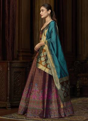 Brown Kanjiwaram Silk Jacquard Woven Trendy Lehenga Choli 3